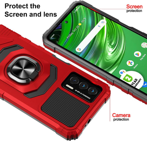 Customerfirst Compatible for Cricket Outlast Case, Tempered Glass Screen Protector & Ring Kickstand (Red)
