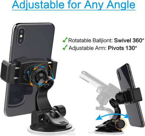 APPS2Car Adjustable Arm Suction Cup Phone Holder for Car, Low Profile Dashboard Mount Compatible w/All iPhone & Android