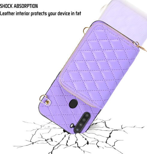 Furiet Zipper Wallet Case for Samsung Galaxy A21, Crossbody Strap, 8 Card Slots, TPU Leather Cover - Purple