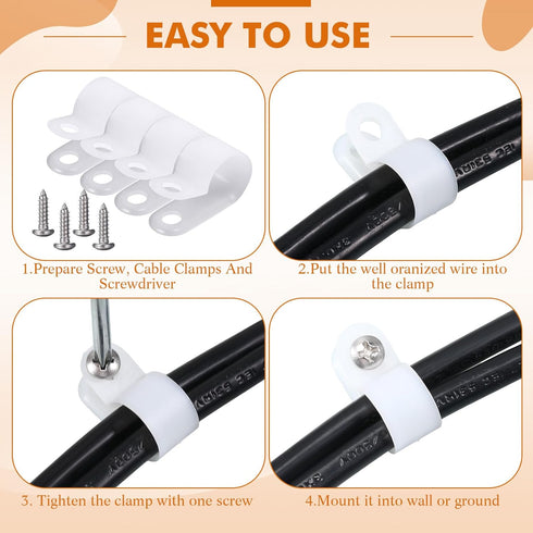 Hicarer 100 Pack R-type Clip Cable Fastener Wire Clamp, Nylon Screw Mounting Electrical Grip Clips with 100 Screws