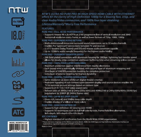 NTW PURE PRO 4K HDMI Cable 12FT - High Speed 18Gbps HDMI 2.0 Cable, 4K HDR, Ultra HD, Compatible with PS5, Xbox