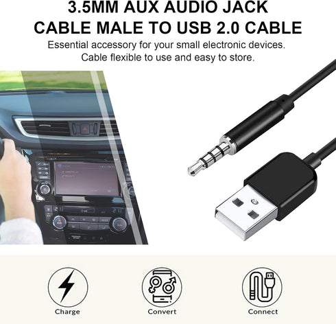 USB to 3.5mm Jack Audio Adapter, Male AUX to USB 2.0 Charge Cable for iPod Shuffle, MP3 Player, Headphones, 3.3FT