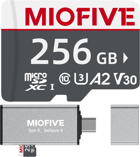 Miofive Memory Card, Ultimate Micro SD Card with USB 3.0 Type-C Reader, 170MB/s, C10, U3, A2, V30, 256GB