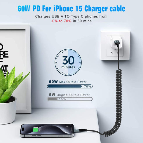 2 Pack 3FT USB C Charger Cable 60W Fast Charging, Coiled USB A to USB C Cable for iPhone 15, Samsung Galaxy S24/S23