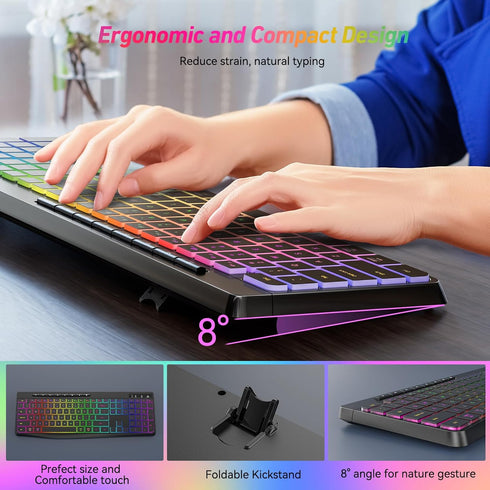Wireless Keyboard and Mouse Combo with Backlit, 2.4G Full Size Ergonomic Keyboard with Light Up Letters, Rechargeable