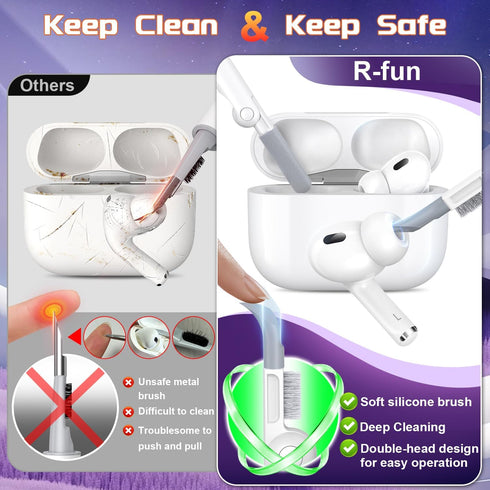 R-fun AirPods Pro 2nd Generation 2023 (USB-C) & 2022 (Lightning), Full Drop Protection with Cleaner Kit, Silver