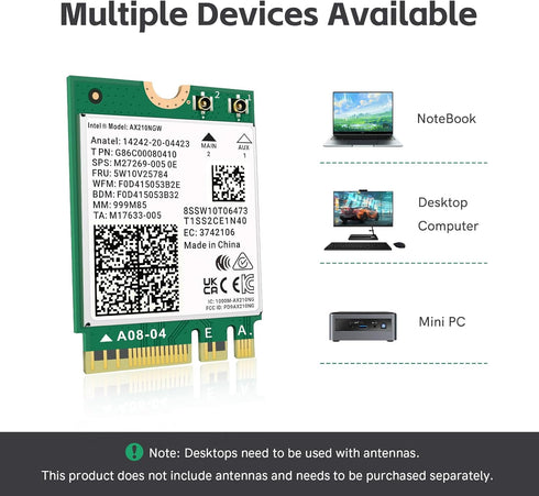 WiFi 6E AX210 NGW Wireless Card - M.2 2230/NGFF WiFi 6E Laptop Module with Bluetooth 5.3, 5400Mbps Tri-Band AX210 WiFi