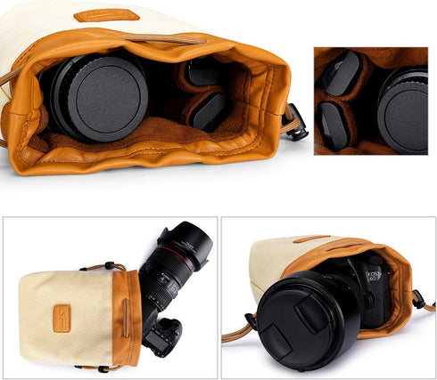 S-ZONE Soft Camera Bag with DSLR Insert - Drawstring Lens Case for Canon Nikon Sony