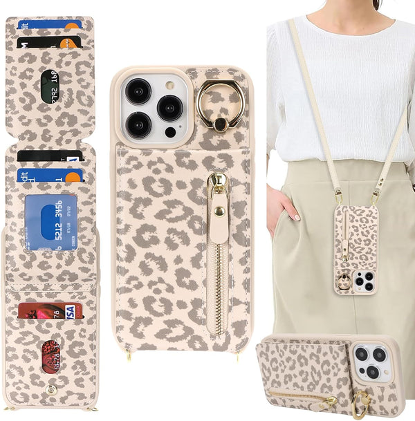 iPhone 13 Pro Max Case Wallet with Card Holder for Women, Crossbody with Strap, Kickstand Zipper Case - Rice Leopard