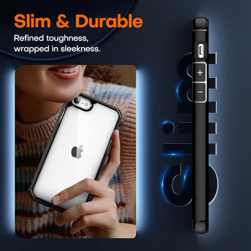 TAURI Slim iPhone SE Case 2022/3rd/2020/2nd, iPhone 8/7, Military Grade Drop Protection, Black + 2X Tempered Glass