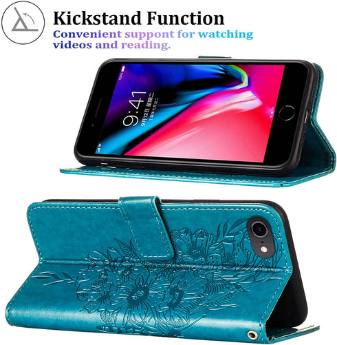 iPhone SE 2022/SE 2020 Case, 6/6S/7/8 Wallet Case | Butterfly Floral Embossed Leather Protective Flip Cover with Card