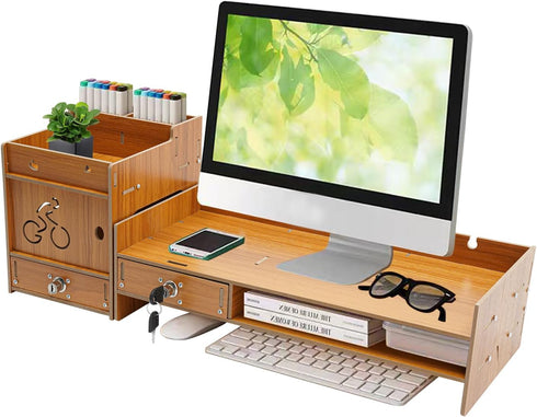 QUSKLISU Computer Monitor Stand, Computer Rack with Drawers, Two top Platforms Desk Organizer