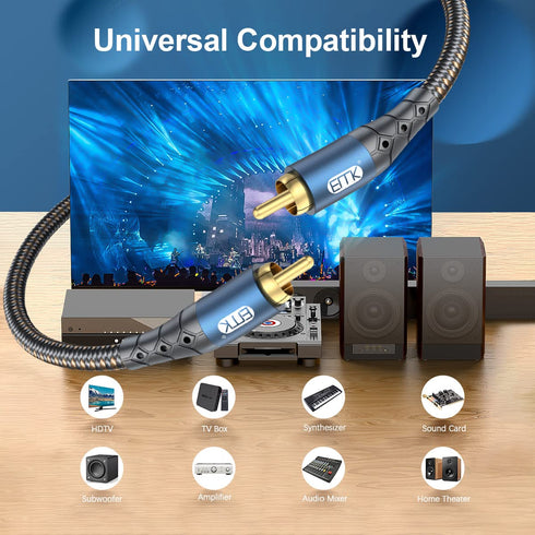 24K Systems,Subwoofer(25ft/8m) EMK Subwoofer Cable RCA to RCA Audio Cable Gold-Plated Nylon Braided Double Shielded