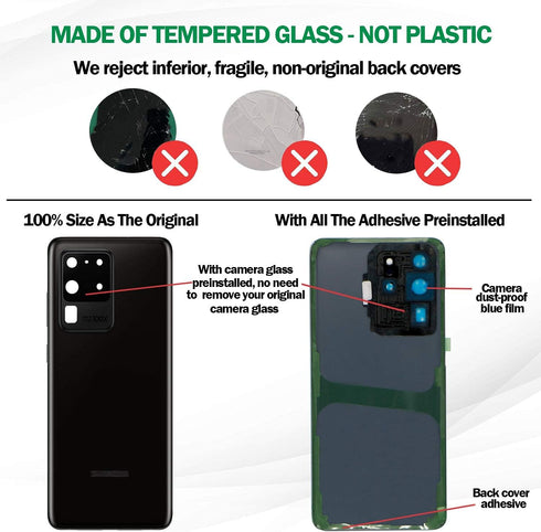 Galaxy S20 Ultra Back Cover Glass Replacement with Pre-Installed Camera Lens and Repair Tools (Cosmic Black)