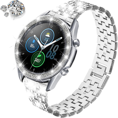 22mm Full Rhinestone Diamond Stainless Metal Strap with Bezel Ring Cover Replacement for Samsung Galaxy Watch 3 (Silver)