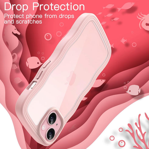 JETech iPhone 15 Case 6.1-Inch, Pink Wave Frame Shockproof Cover for Women & Girls, Clear Hard PC Back.