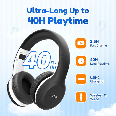 EarFun K2 Kids Bluetooth Headphones with Volume Limiting, 40H Playtime, Bluetooth 5.4, Mic, Foldable Over-Ear Design