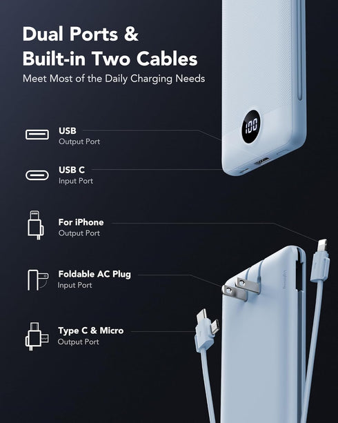 VRURC Portable Charger with Wall Plug, 10000mAh Power Bank, 22.5W Fast Charging, Slim Compact Battery Pack
