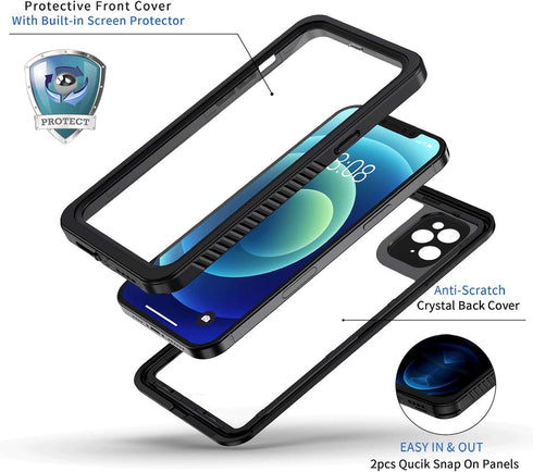 Lanhiem IP68 Waterproof Dustproof Case for iPhone 12 Pro with Built-in Screen Protector - Black