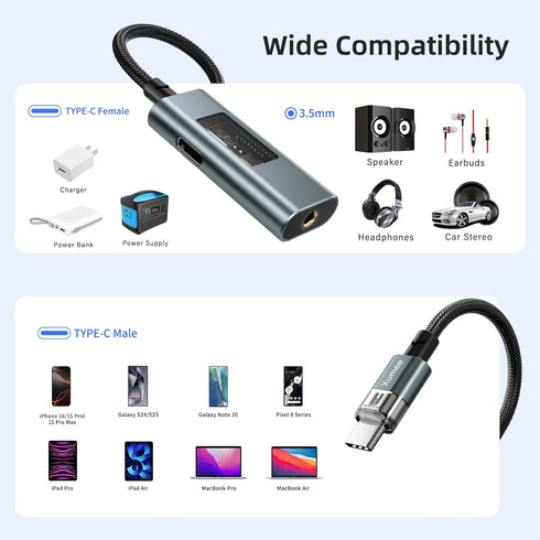 Xumee USB C to 3.5mm Audio Adapter and Charger, 2 in 1 USB-C to Headphone Jack Dongle for iPhone 16/15 Pro Max