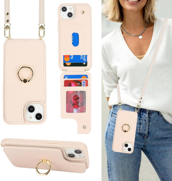iPhone 14 Case with Card Holder for Women, Phone Case with Strap, Crossbody Lanyard, Ring Stand, Snap Clasp, Cute