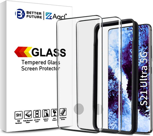 AACL Samsung Galaxy S21 Ultra 5G Screen Protector, 6.8" Curved Tempered Glass, 2 Pack, Black, Compatible with
