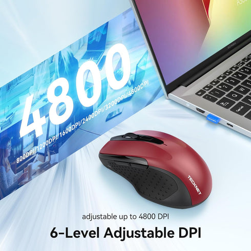 TECKNET (BT5.0/3.0 2.4G) 4800 6 Rechargeable Jiggler Wireless Mouse & DPI Silent USB A & Bluetooth Mouse Buttons, Wide