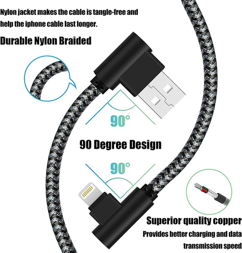 iPhone Charger 1Ft MFi Certified Short Lightning Cable Braided 90 Degree Elbow Charging Cable Compatible with iPhone 14 13 12 11 Pro X XS XR 8 Plus 7 6 5 (Black Grey, 5Pack) by Osecet