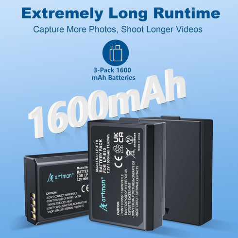 A Artman LP-E10 3-Pack 1600mAh 3-Slot E10, T7 T6 T5 T3 T100, X50 X70 X70 X80 X90, 1100D 1200D 1300D 1500D 2000D 3000D