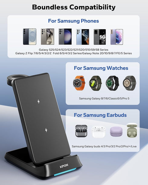 KPON 3 1 S26/S25/S25 Ultra/S24/Z in Charging Station for Samsung, Wireless Charger for Thick Cases, Foldable Phone