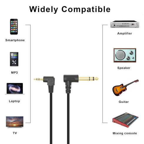 90 Degree 1/8 to 1/4 Stereo Audio Cable, Right Angle 3.5mm TRS Male to 6.35mm TRS Male Aux Cord for Guitar, Keyboard Piano, Laptop, Speaker and Amplifiers (6Ft)
