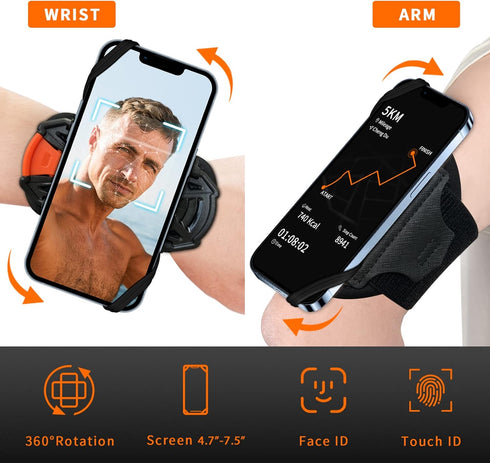 Armband Phone Holder, 360° Rotation & Detachable, Fits 4.7''-7.5'' Phones, Compatible with iPhone 15/14/13/12