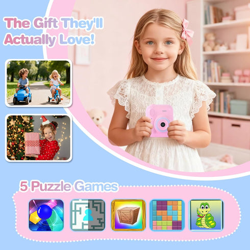QMWLABS 1080P 32GB MP3 3-12 Kids Camera Instant Print Digital Camera with Thermal Paper, HD Video, Selfie Lens, SD