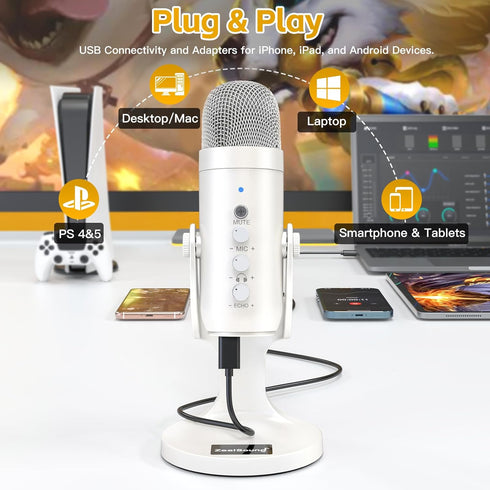 ZealSound USB Microphone, Quick Mute Noise Cancel for Phone/PC, Gaming Microphone with Gain Control for Streaming