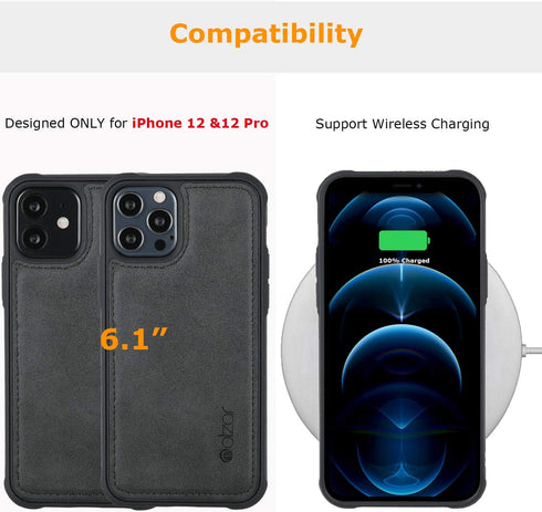 Molzar MAG Series iPhone 12 and 12 Pro Case, Faux Leather with Built-in Metal Plate for Magnetic Mount