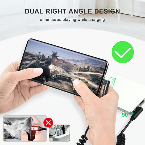 aceyoon USB to USB C Cable, 1-2.5ft, 90° Right Angle, Coiled, QC 3.0 Fast Charging, 3A 60W, Short Android Auto Cable.