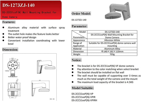 PC140 WMS WML DS-1273ZJ-140 LTB342-140 Wall Mount Bracket for Hikvision DS-2CD2347G2-LU, DS-2CD2387G2-LU