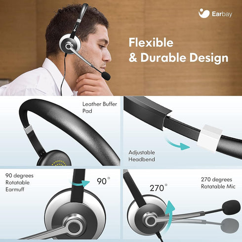 Earbay USB Headset with Microphone for PC, Noise Cancelling Computer Headset with 3.5mm Jack On-Ear Wired Headphones
