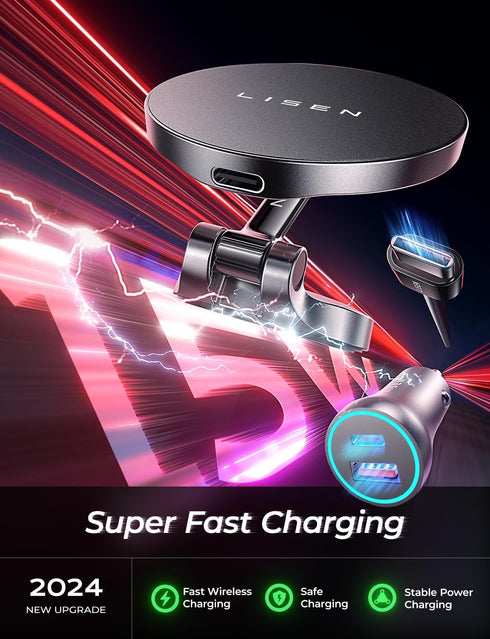 LISEN Adjustable 15W Ultra Magnetic Car Charger Kit for Magsafe, Foldable Wireless Charger with 38W Car Charger for