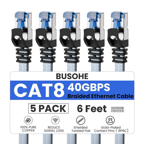 BUSOHE Cat 8 Ethernet Cable 6 FT 5 Pack, Nylon Braided High