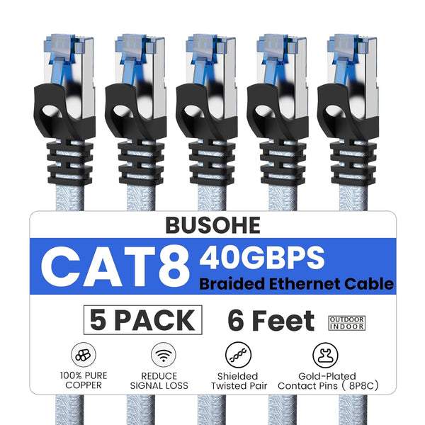 BUSOHE Cat 8 Ethernet Cable 6 FT 5 Pack, Nylon Braided High