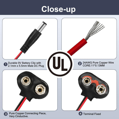CHANZON UL Wires 9v Battery Connector Plug, 5 Pack Jack T-Type for Arduino Battery Power Leather Clip with Center
