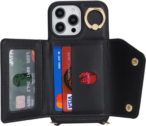 iPhone 12 Pro Max Case with Card Holder and Strap, Zipper Pocket, Crossbody Lanyard Strap, Cute Phone Wallet Case for