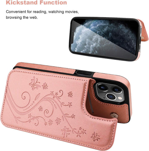 Vaburs iPhone 12 Pro Max Case Wallet with Card Holder, Embossed Butterfly Pattern PU Leather, Shockproof Cover, Rose