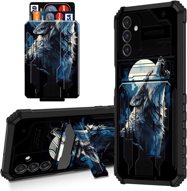Galaxy A15 5G Wallet Case with Card Holder and Kickstand, Dual Layer Heavy-Duty Shockproof Case, Roaring Wolf