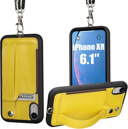 TOOVREN Wallet Case for iPhone XR with Lanyard Strap, Card Holder, Protective Cover with Stand, Yellow