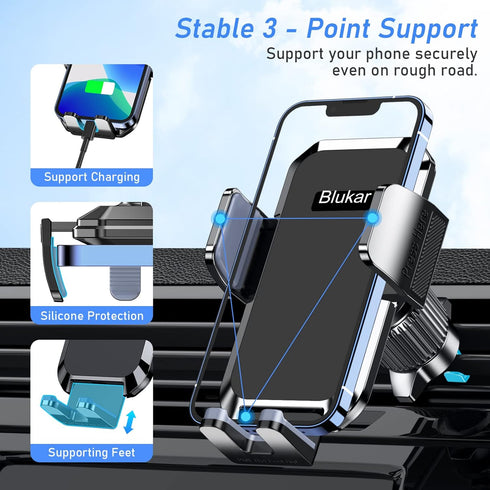 Car Phone Holder Mount, Super Stable Air Vent Cell Phone Car Mount with 2024 Newest Metal Hook Clip, 360° Rotation, One