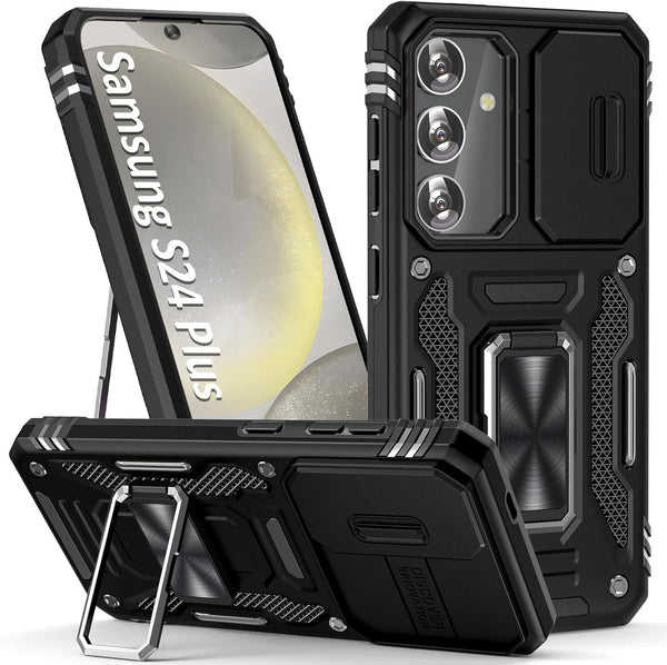 Samsung Galaxy S24 Plus Phone Case with Camera Lens Cover & Ring Holder Kickstand, Magnetic Car Mount Compatible (Black)