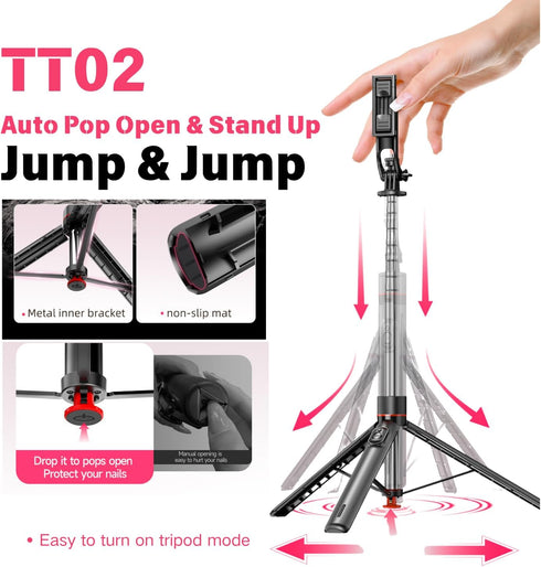 FORGERAY TT02 70 Inch Tall Phone Tripod, Auto Pop Open Selfie Stick Tripod with Magnetic Bluetooth Remote, Adjustable