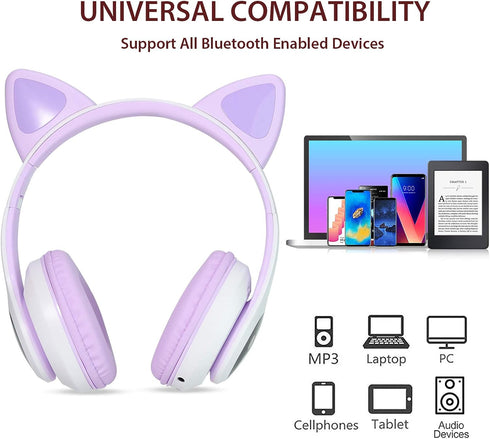 TCJJ Kids Wireless Headphones, Cat Ear LED Light Up, Bluetooth 5.4, Noise Cancelling for Girls Boys Toddlers